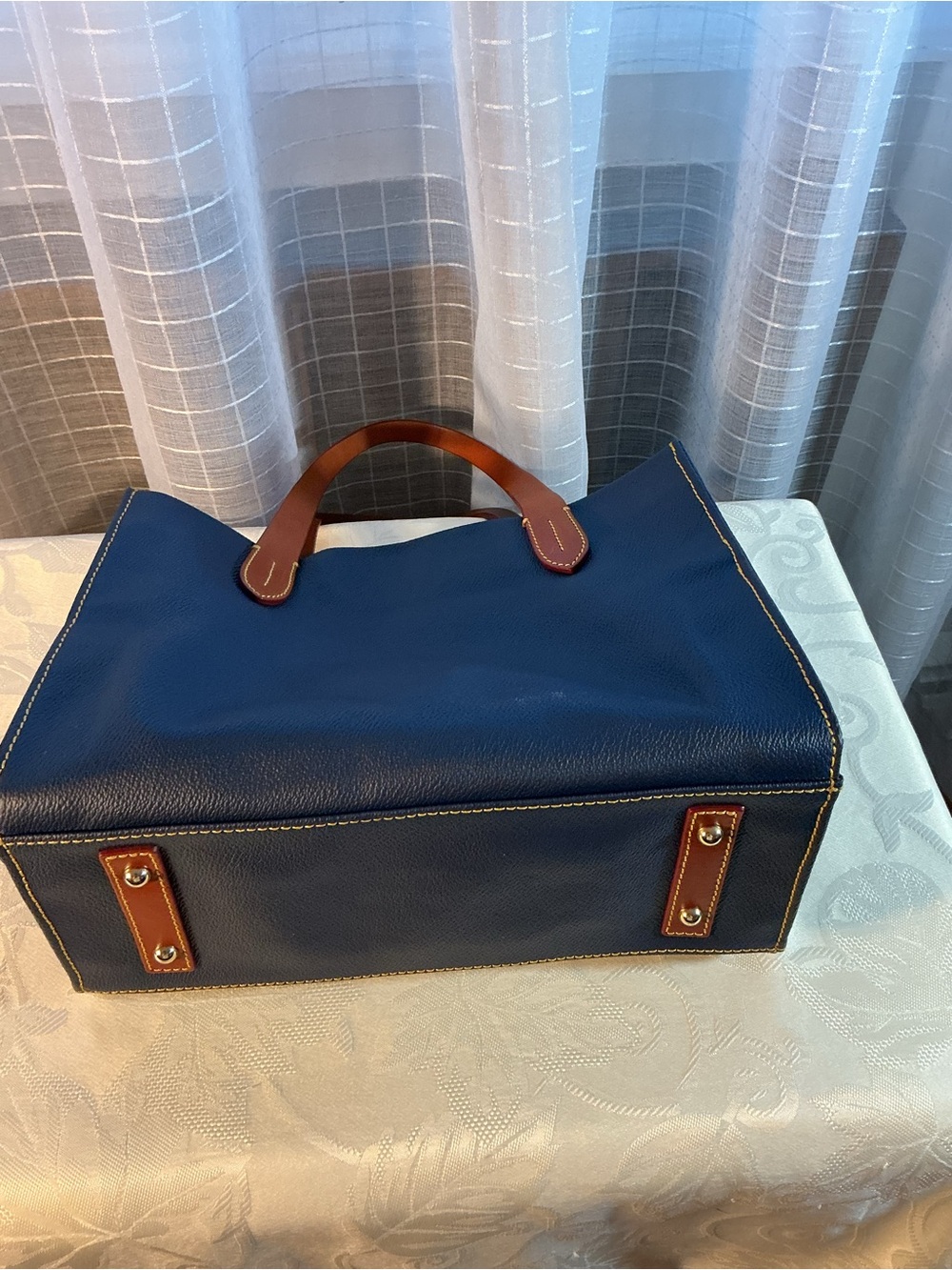 Dooney & Bourke Navy Blue Pebble Grain Leather Tote Bag with Tan Leather Trim - Picture 3 of 5